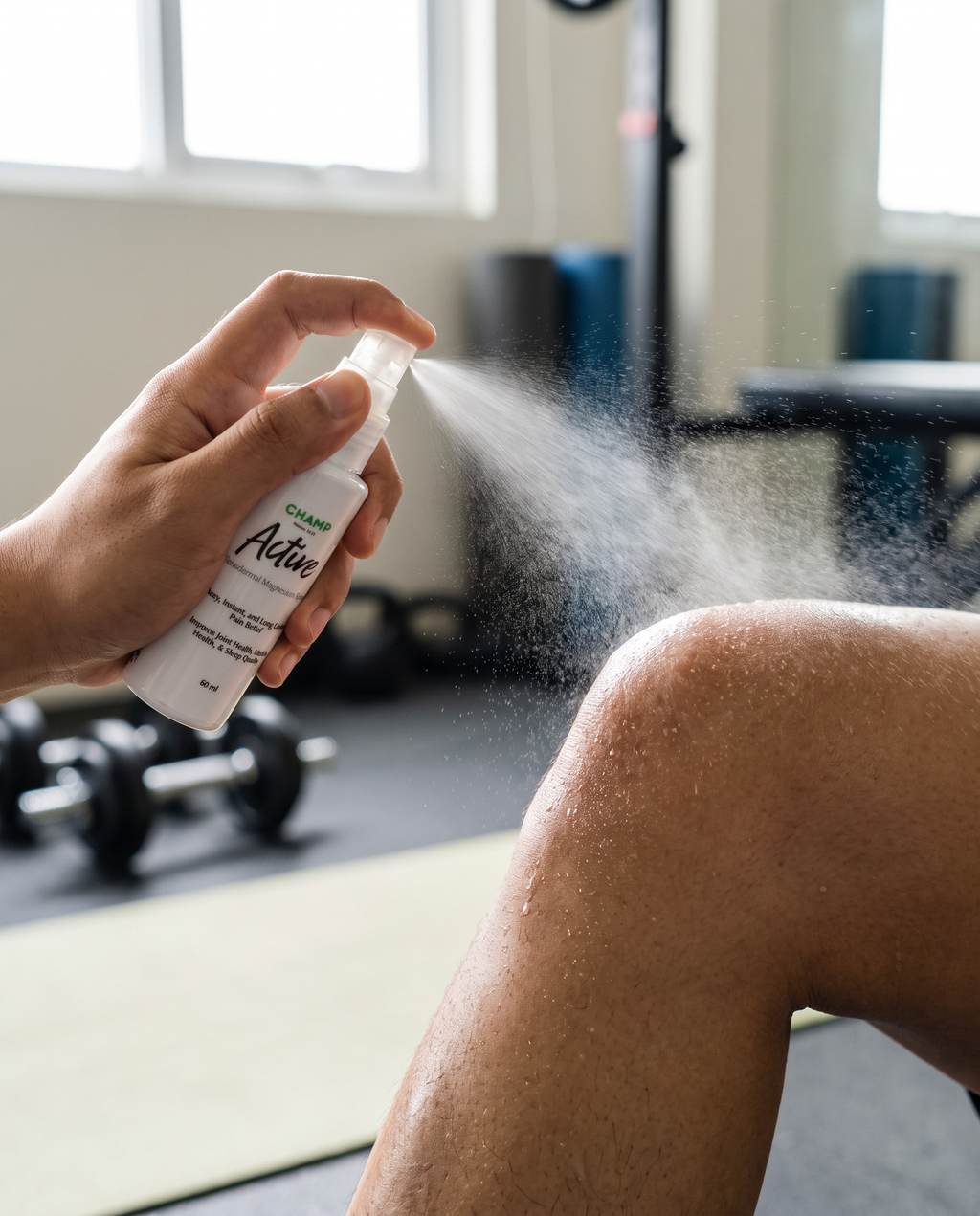 Applying ChampPlus spray to knee