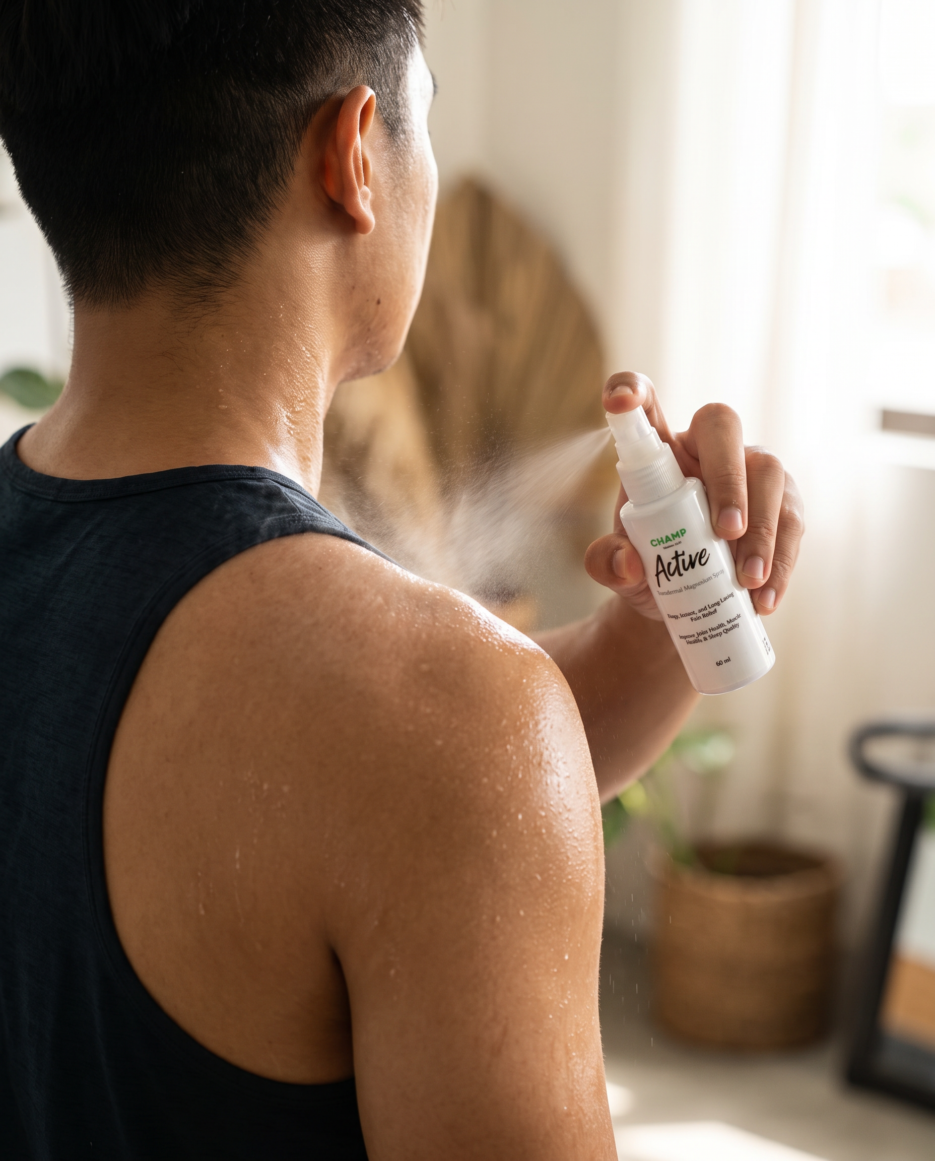 Applying ChampPlus spray to shoulder