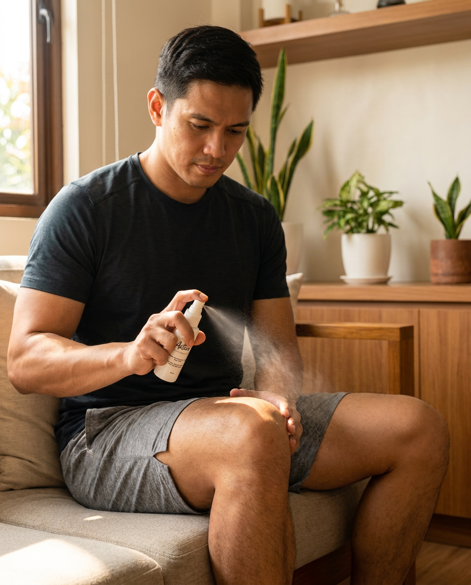 Person using ChampPlus spray for pain relief