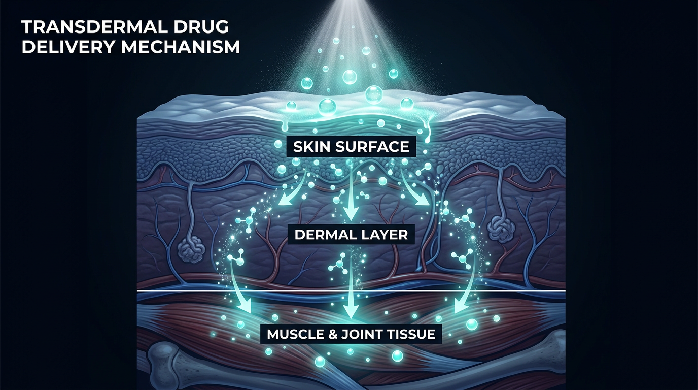 Transdermal delivery mechanism showing spray penetrating through skin surface, dermal layer, to muscle and joint tissue
